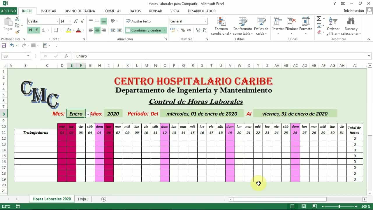 Control de horas trabajadas en excel