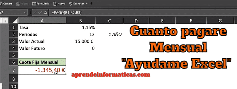 ejemplo formula de excel para saber cuanto pagar por un prestamo mensual principal